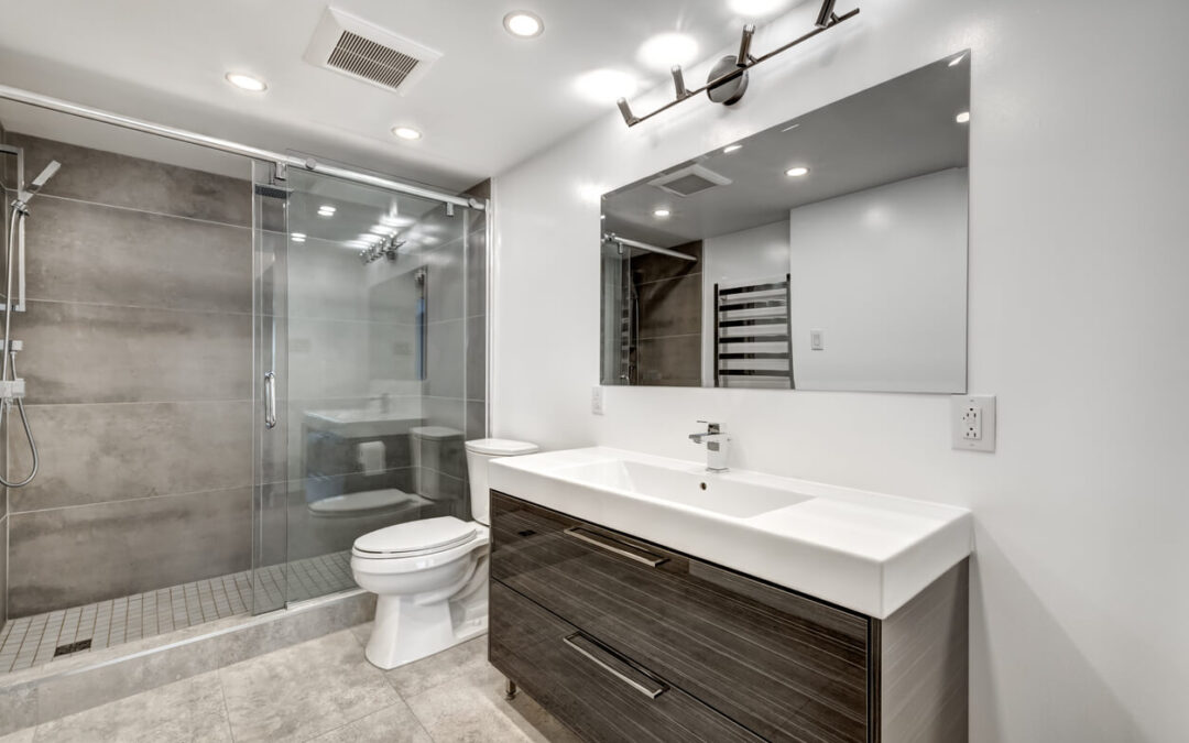 Modern bathroom with glass shower and vanity, illustrating results of remodeling.